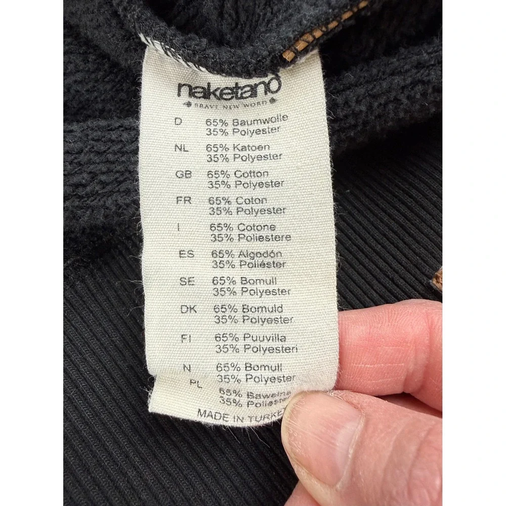Naketano‎ Large Hoodie Cowl Neck Navy Cotton Blend Faux Leather Patch
